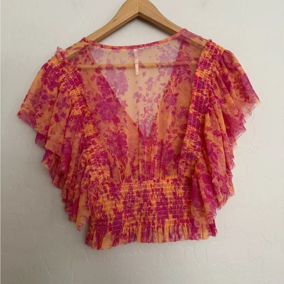 Free People Sugar Top in Hot Tropics Women’s Medium Crop Mesh Blouse - Picture 6 of 7